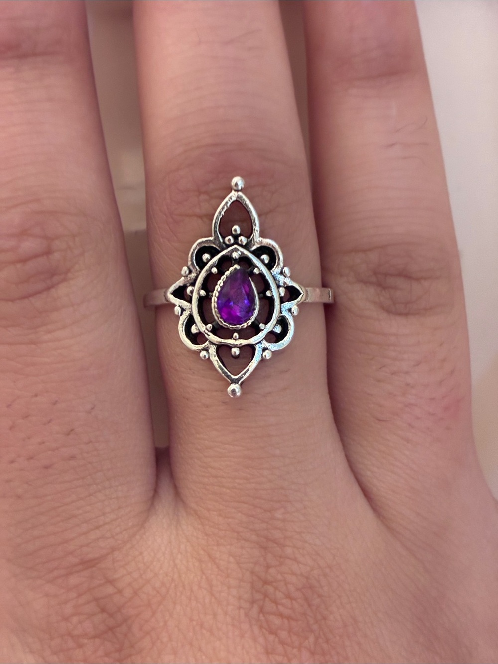 Silver Boho Teardrop Ring with Purple Stone February